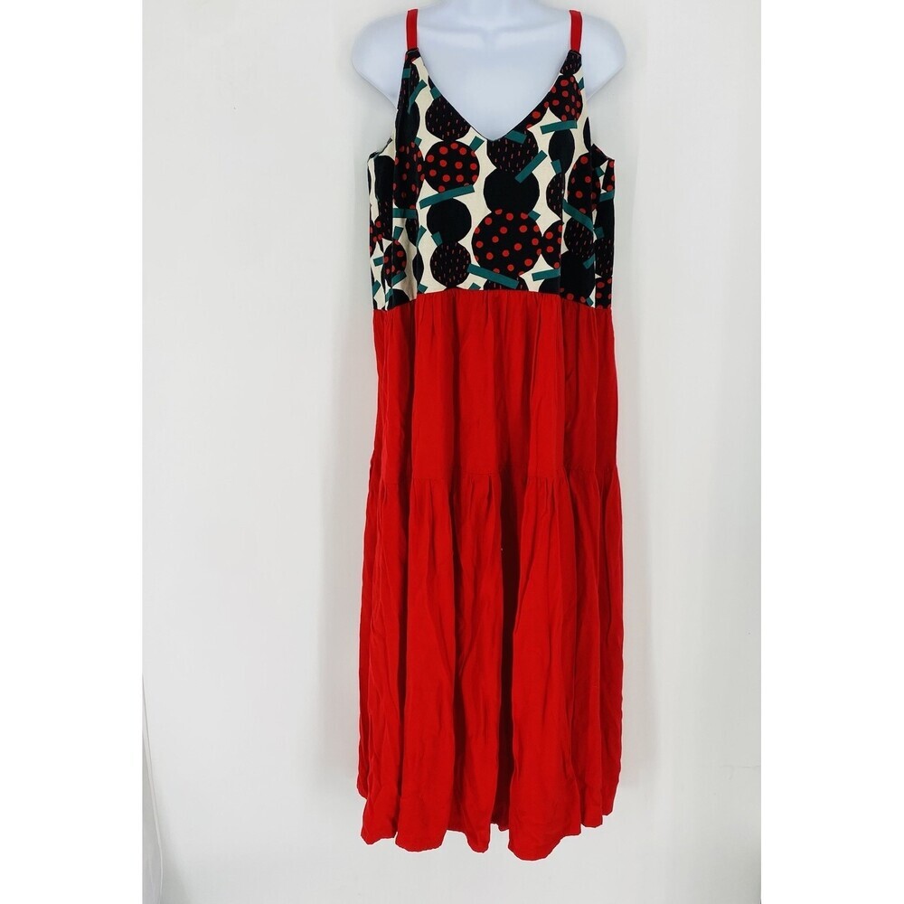 Vintage Handmade V Neck Maxi Dress Red Modern Print Tiered Skirt Size L